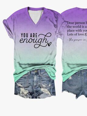 Womens Plus 4X You Are Enough Purple Gradient Short Sleeve V Neck TShirt Top